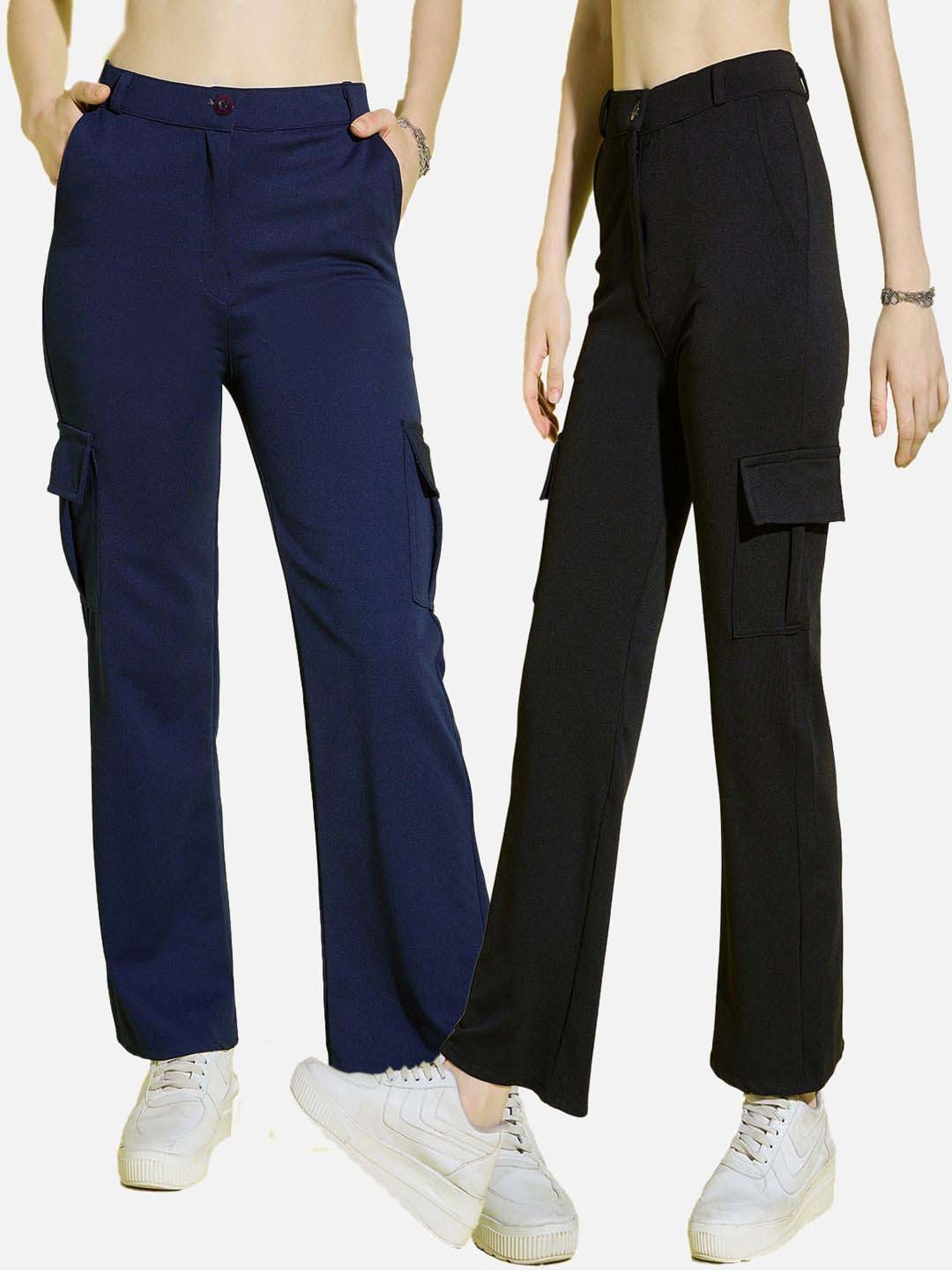 BUYNEWTREND Navy & Black High rise Cargo (Pack Of 2)
