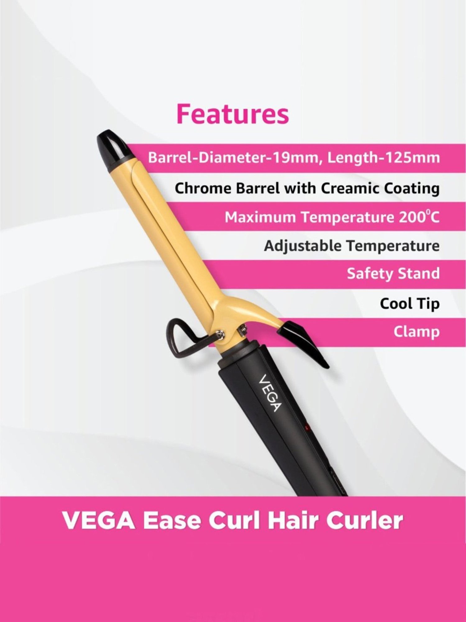 Vega Ease Curl Hair Curler-19 mm With Ceramic Coated Barrel (VHCH-01), Black