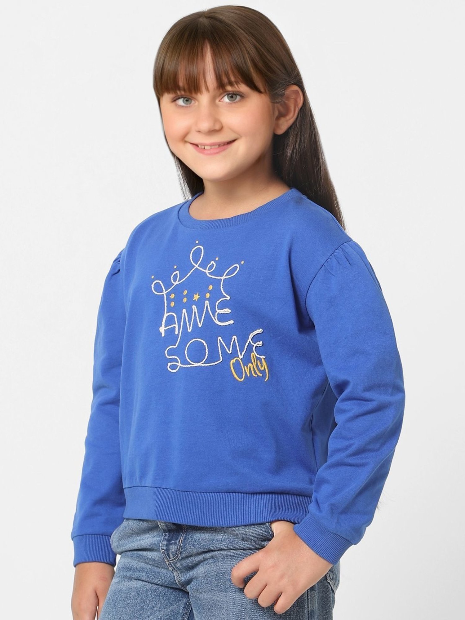 KIDS ONLY Blue Cotton Embroidered Full Sleeves Sweatshirt