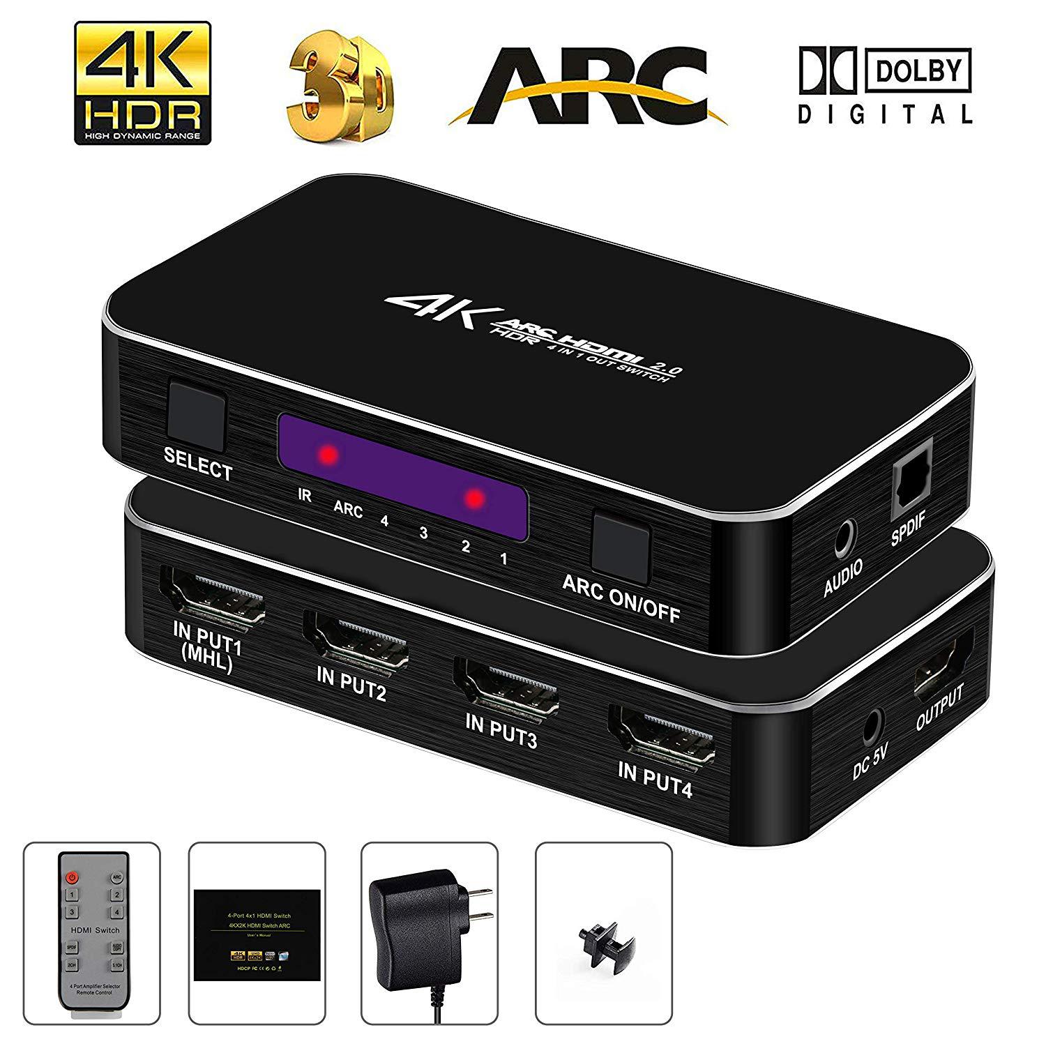 HDMI Switch 4x1 with Audio Extractor, 4K@60Hz Ultra HD HDMI Switcher with Optical TOSLINK SPDIF, 3.5mm Audio Support ARC Function, 3D, 1080P @120Hz, 4Kx2k @60Hz HDTV (IR Wireless Remote Control)