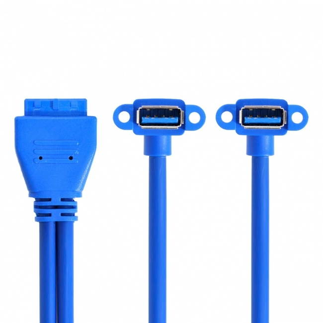 Cablecc Up Angled USB 3.0 A Type Dual Female to Motherboard 20Pin 19 Pin Box Header Slot Panel Mount Cable 50cm