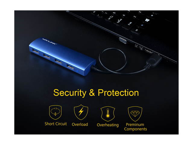 Wavlink 4-Port USB3.0 Hub, USB 3.0 Portable Aluminum Hub, USB Extension Multi-function Hot Swapping, plug and play, Built-in surge protectors, for Mac, MacBook, MacBook Pro/Air/Mini, or any PC - Blue