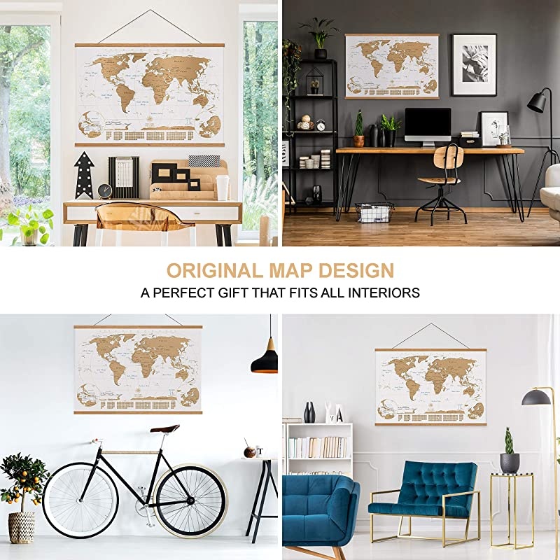 NIVI Scratch Off World Map XLarge International Travel Poster with Frame | 33 x 23 Inches | Country Flags Continents Major Cities USA States Provinces | Vibrant Colors | Compact Tube