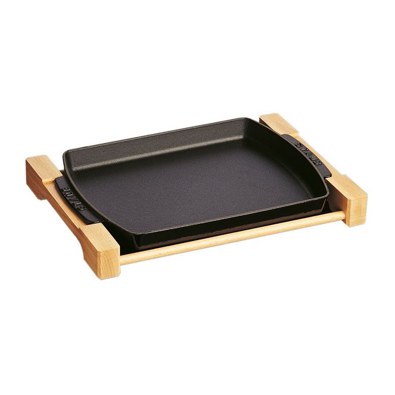 Staub Cast Iron 15 x 9-inch Rectangular Serving Dish with Wood Base - Matte Black