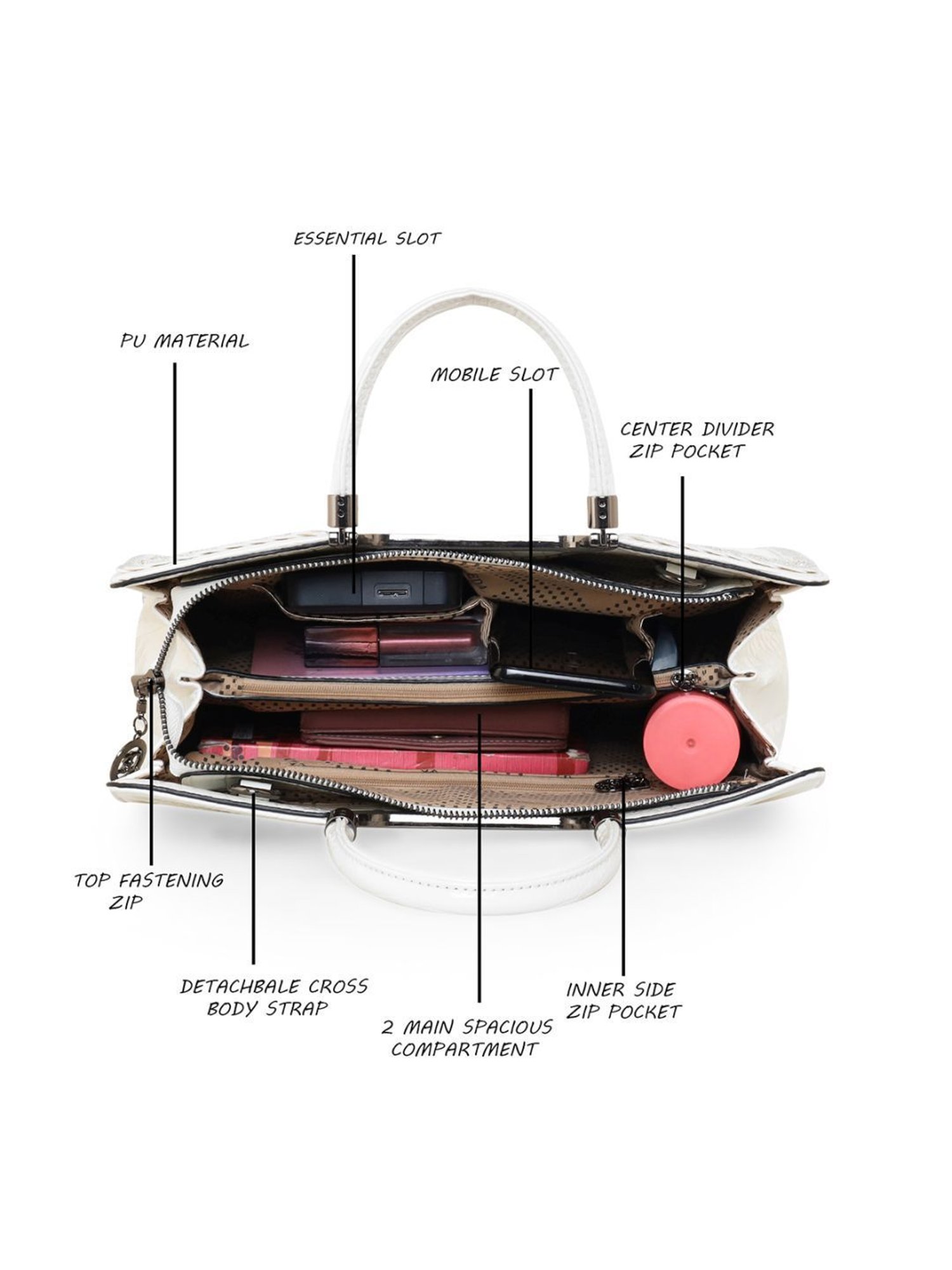 Esbeda Glossy White PU Textured Handbag