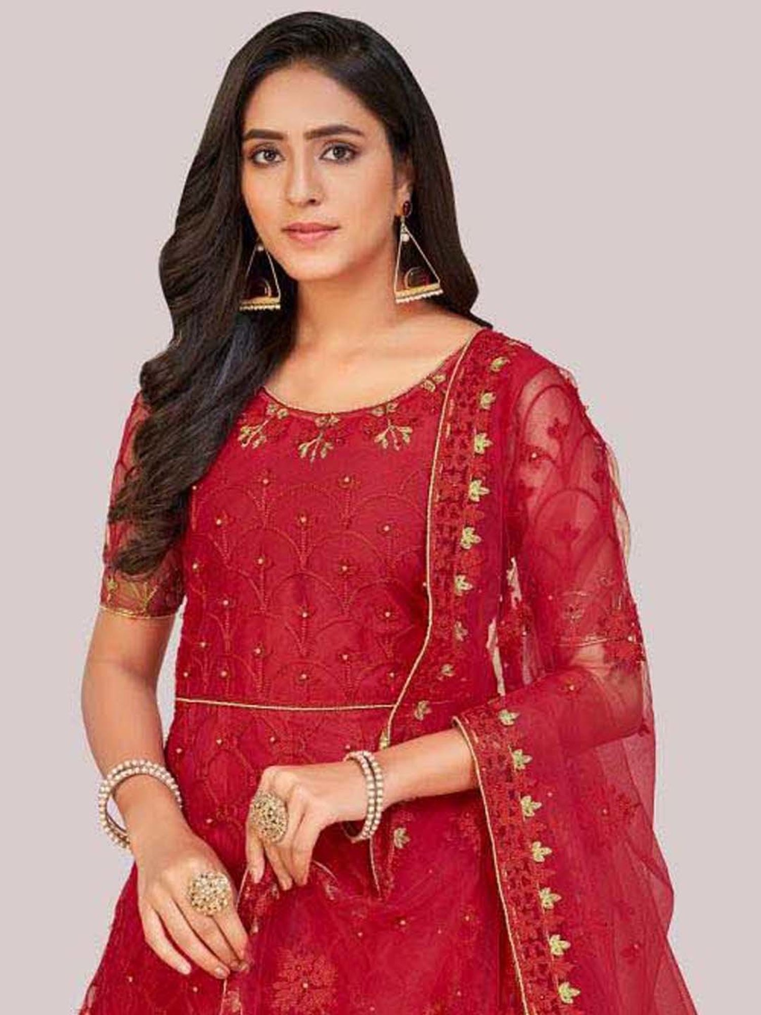 Warthy Ent Red Embroidered Semi Stitched Dress Material