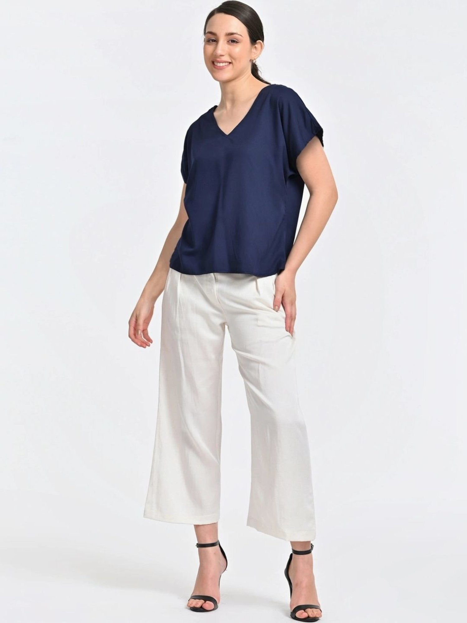 Saltpetre Indigo V-neck Top With Cream Trousers Co-ords Set