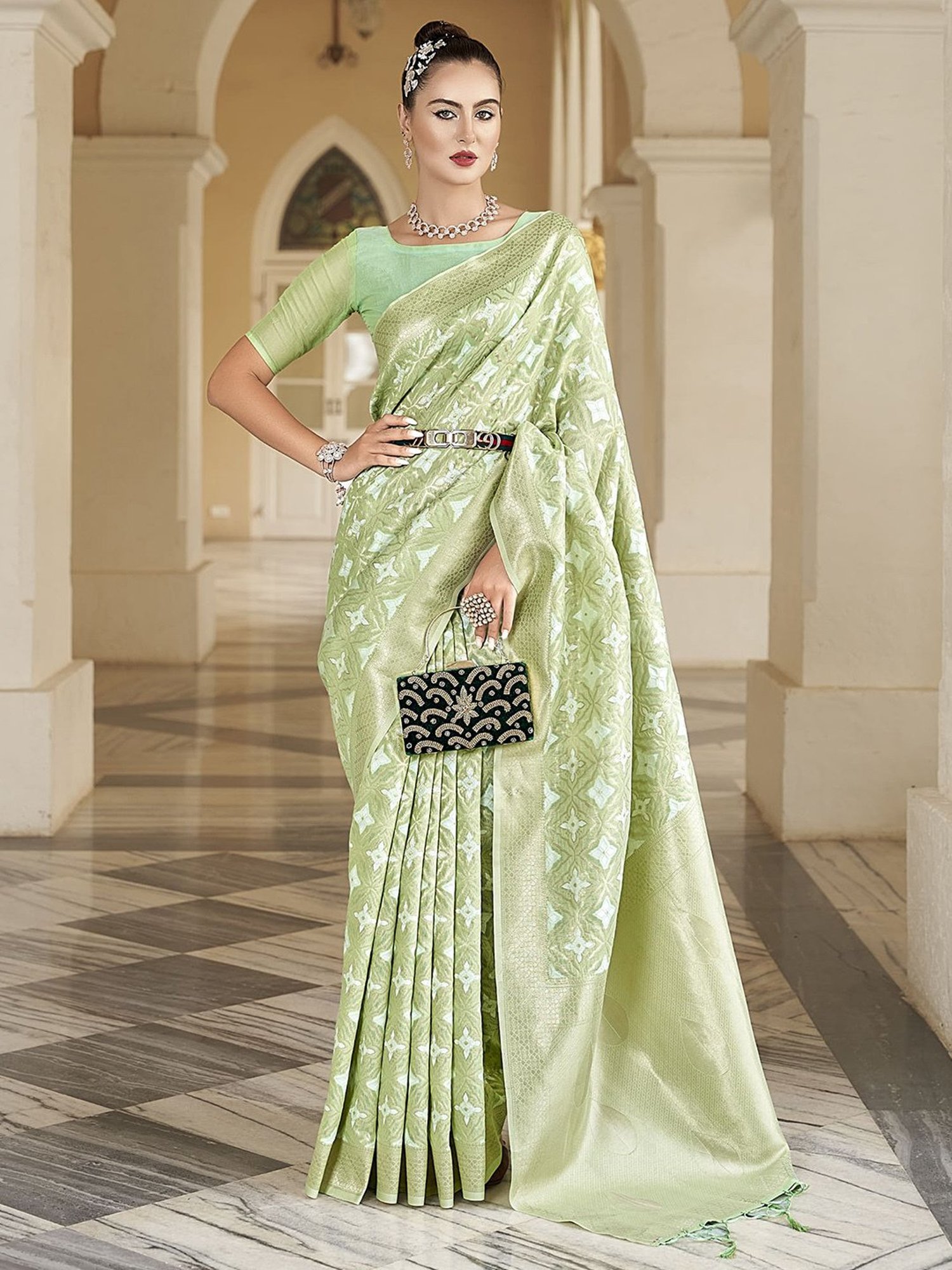 Elora Green Cotton Silk Woven Saree With Unstitched Blouse