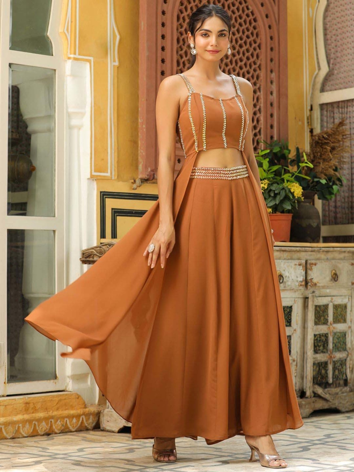 Janasya Brown Embellished Crop Top Palazzo Set