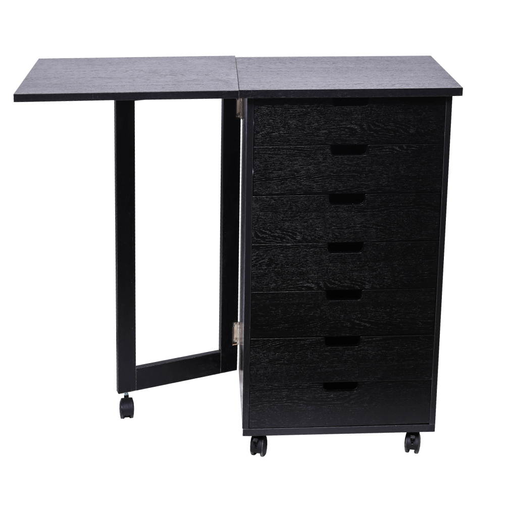 Wood Filing Cabinet, 7 Drawer Gate Leg Roll Cart with Desk Black Color