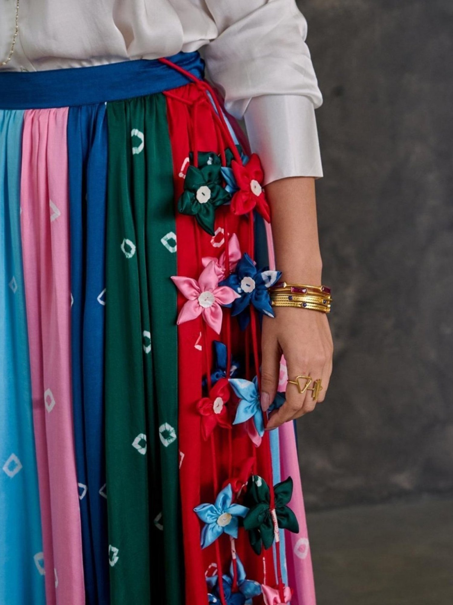 Gulaal White Shirt With Bandhani Modal Satin Skirt