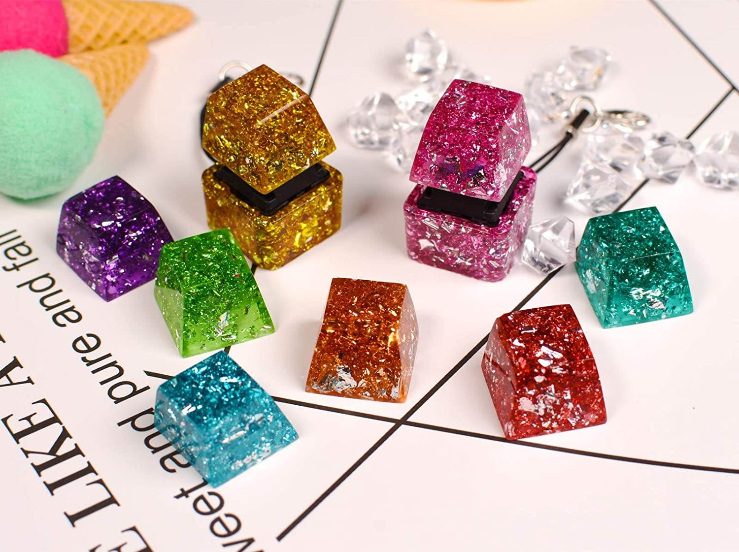 Handmade Resin Artisan Keycap R4 Silver Foil Jewel Style Key Cap OEM Profile for Cherry MX Mechanical Gaming Keyboard (Gold)