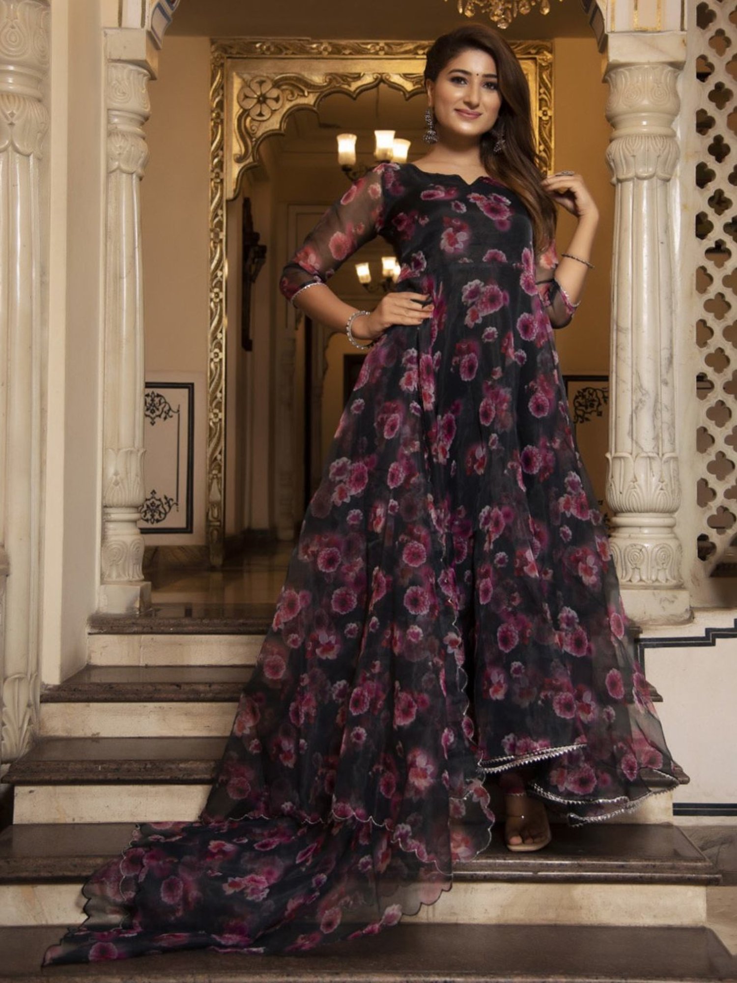 Calmna Black and Pink Floral Organza Anarkali Suit Set
