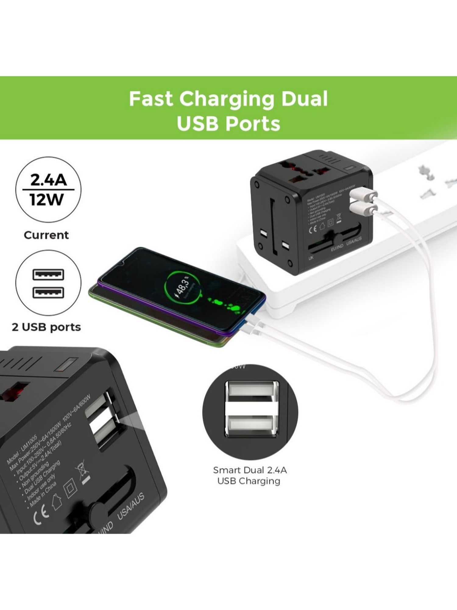 UltraProlink UM1005WTA World Travel Adapter & Converter Plug With Dual USB & Multipurpose Charger
