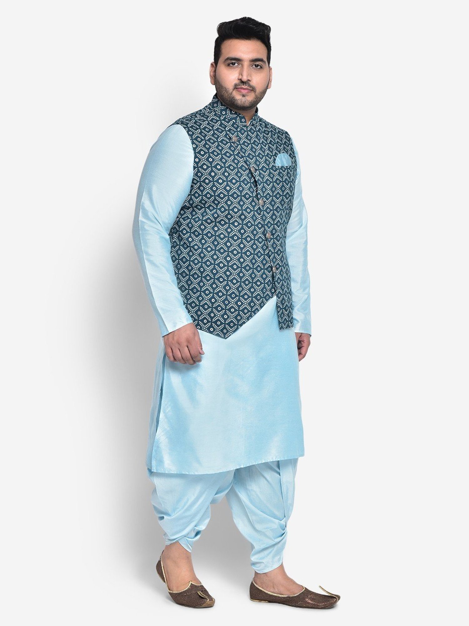 KISAH PLUS Blue Regular Fit Printed Kurta Set With Jacket