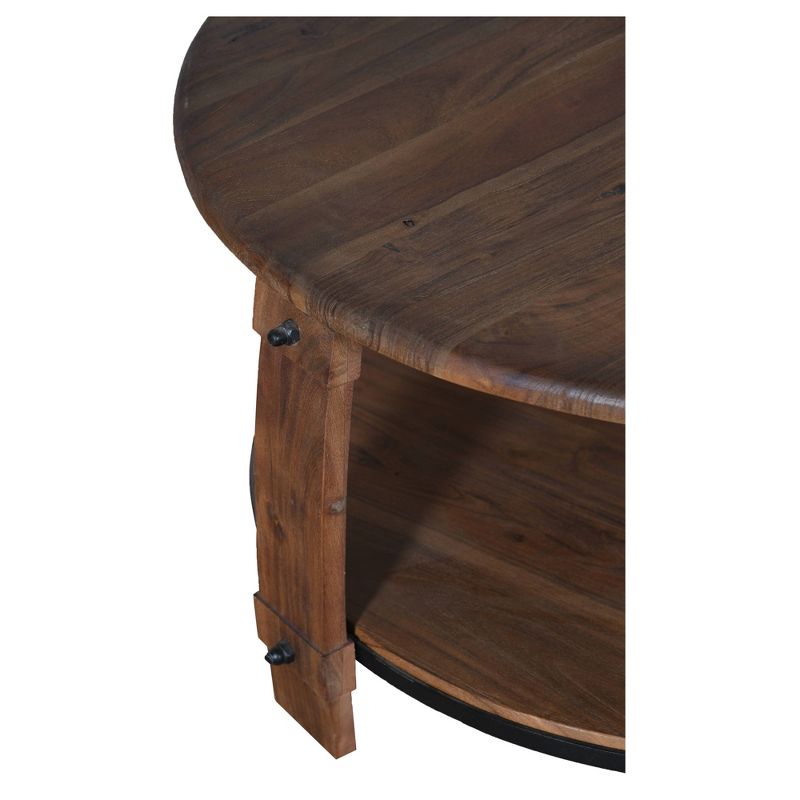 38" Retro Style Round Wooden Coffee Table with Bottom Shelf Brown - The Urban Port