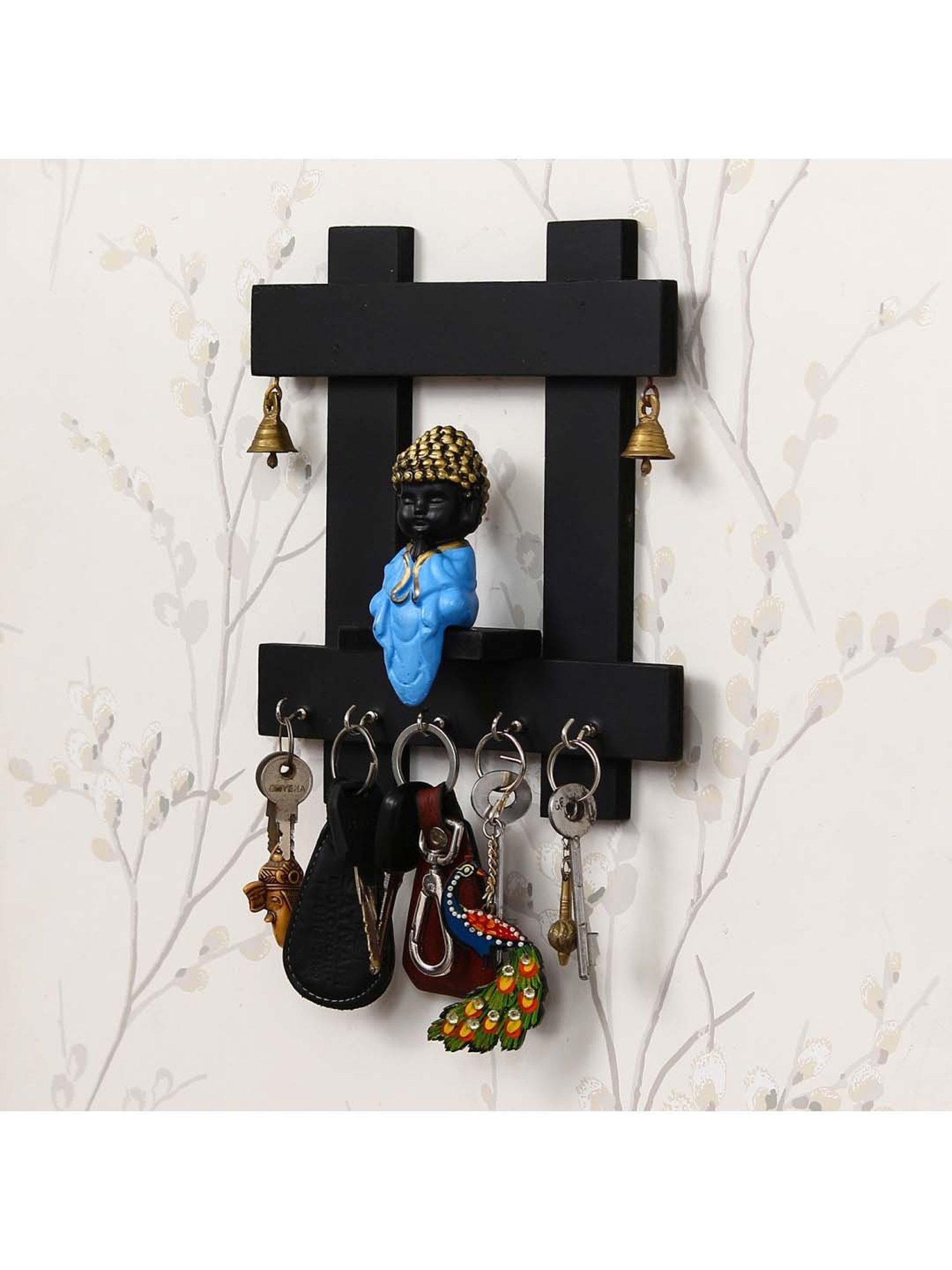 eCraftIndia Peaceful Buddha Sitting Wooden Keyholder with 5 Key Knobs