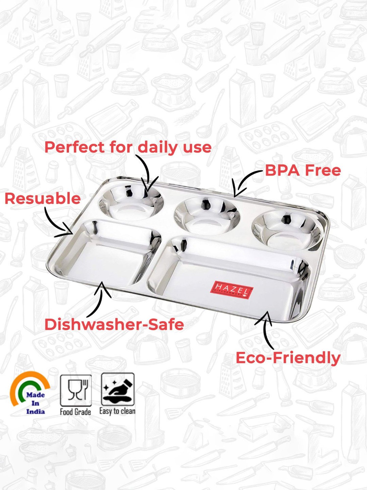 HAZEL Stainless Steel Compartment Mess Plate Steel Rectangle Bhojan Thali with Round Holes