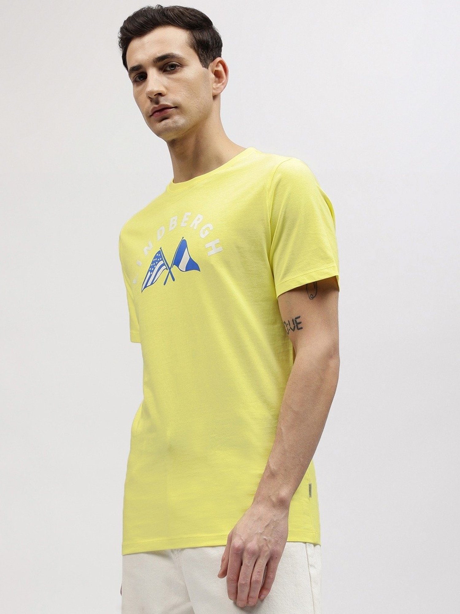 Lindbergh Yellow Cotton Regular Fit Printed T-Shirt