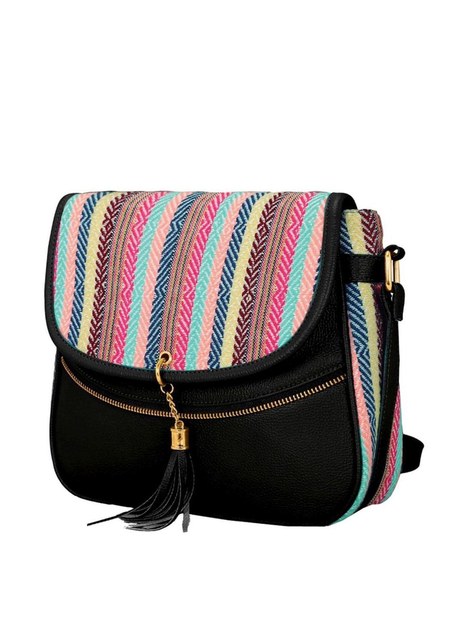 KLEIO Black Embroidered Medium Sling Handbag