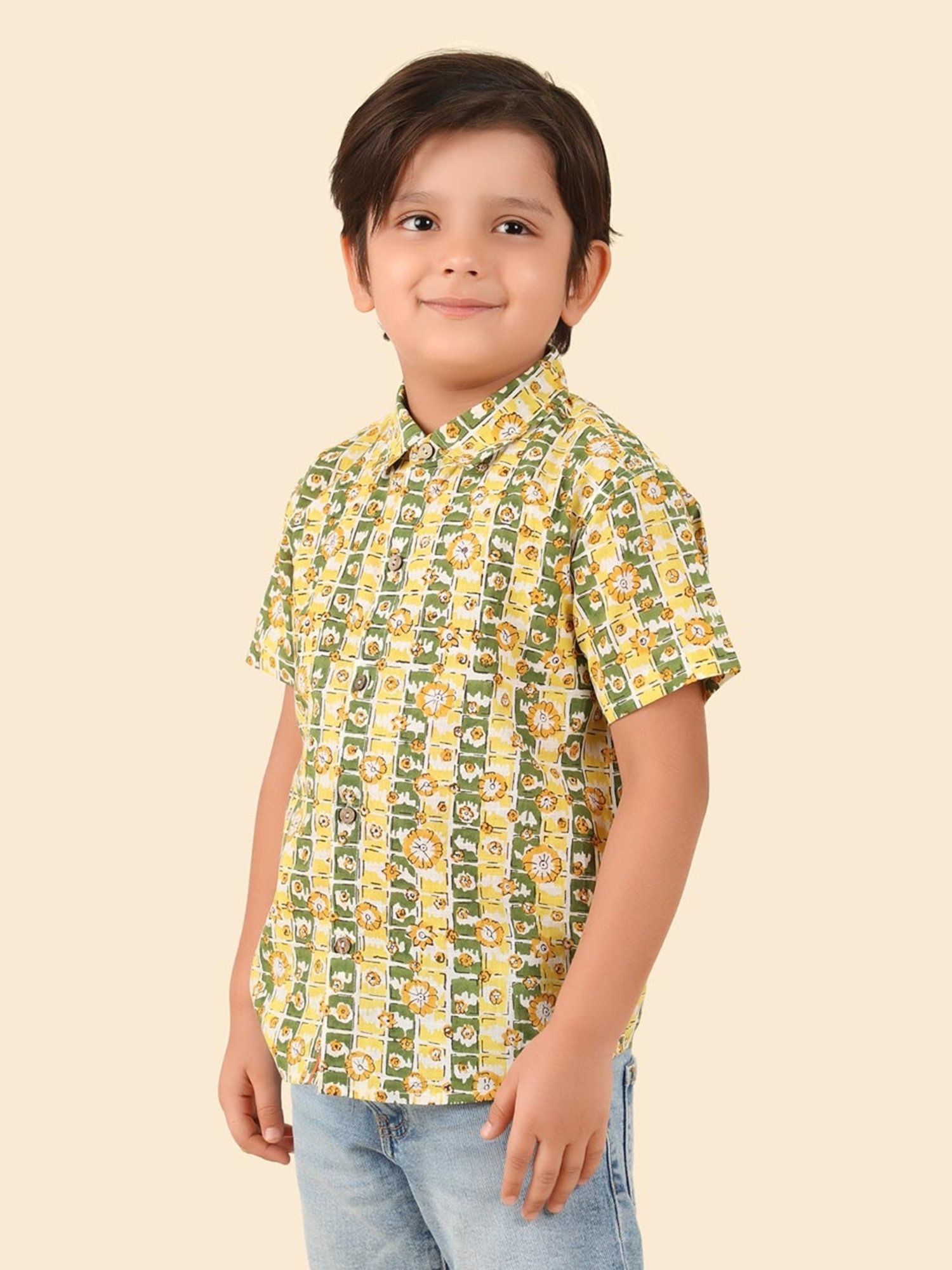 Fabindia Kids Green Cotton Hand Block Printed Shirt