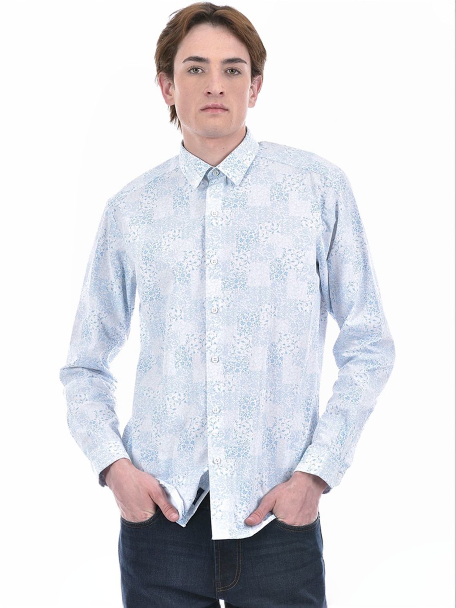 Numero Uno Blue Slim Fit Floral Print Shirt