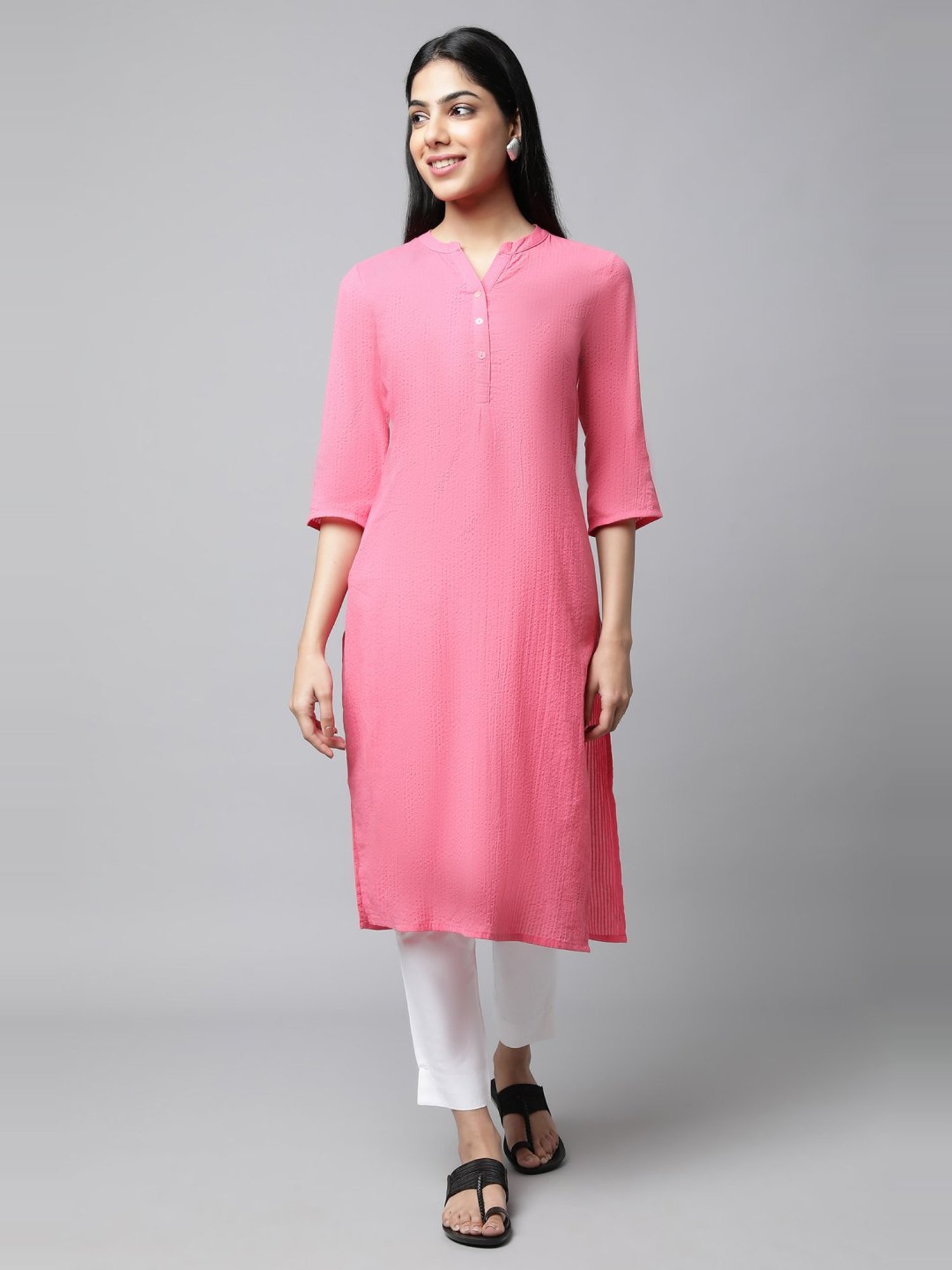 Aurelia Pink & White Cotton Kurta Pant Set