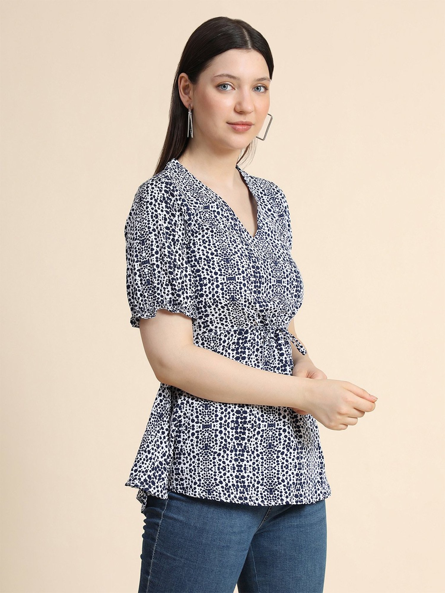 KERI PERRY White & Navy Printed Top