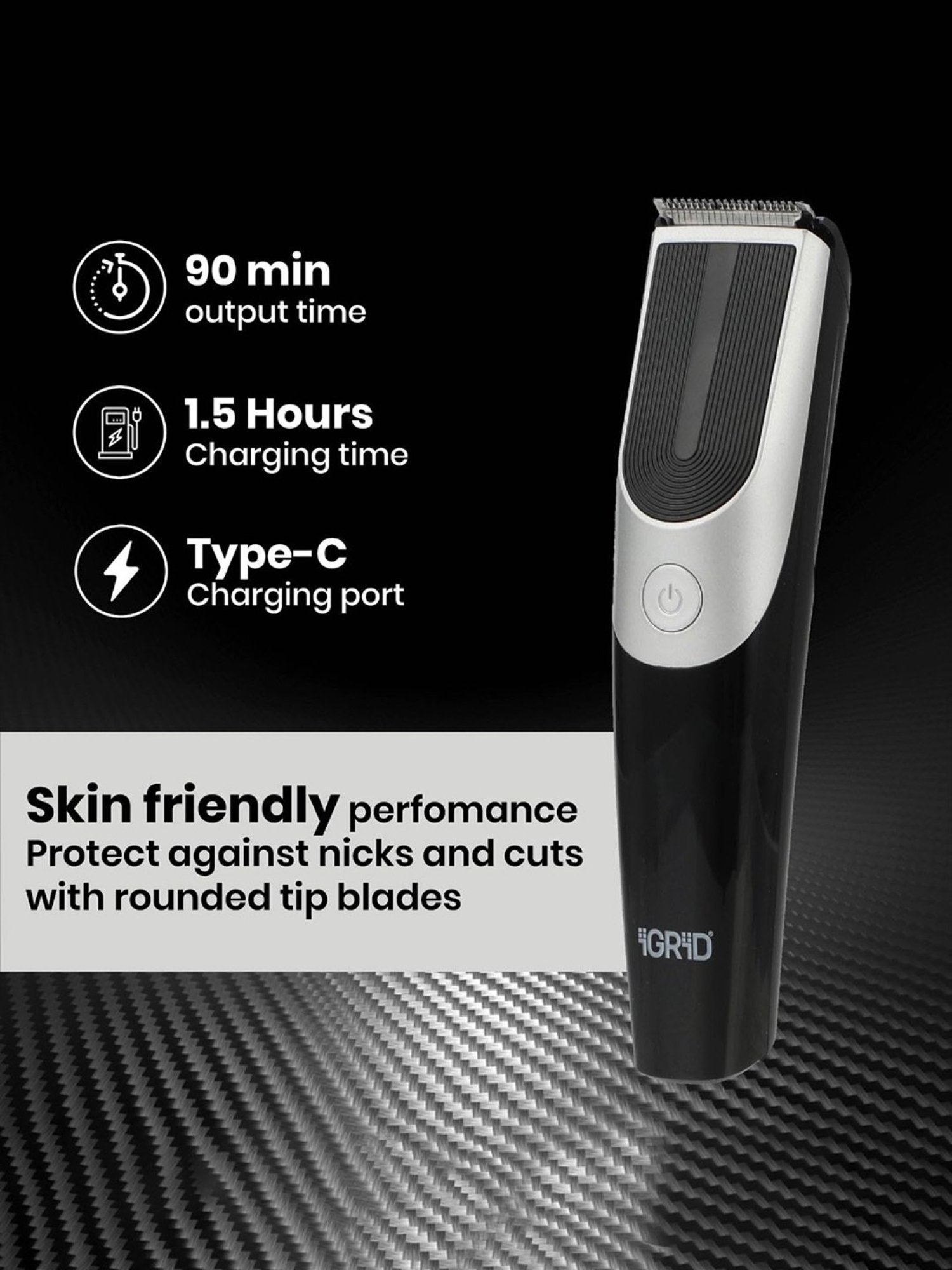 iGRiD IG4018 All Terrain Hair Trimmer with 90 Min Runtime Stainless Steel Blades (Black & Silver)