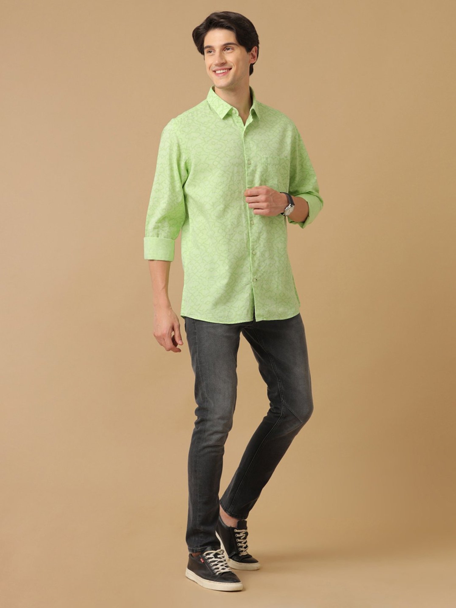 CAVALLO by Linen Club Green Contemporary Fit Printed Shirt