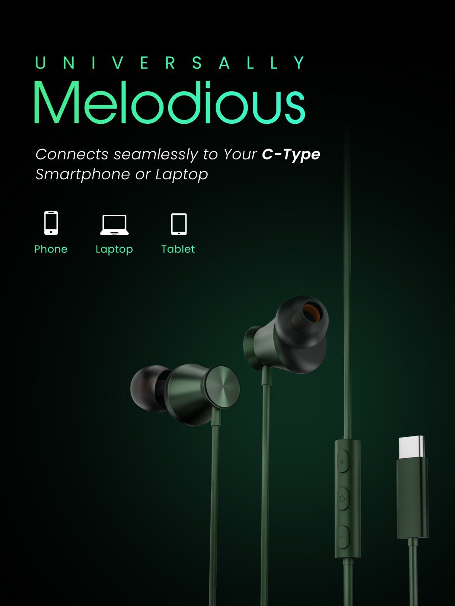 Hammer Nova in Ear C Type Wired Earphones with Mic, In-line Control, Powerful Bass (Green)