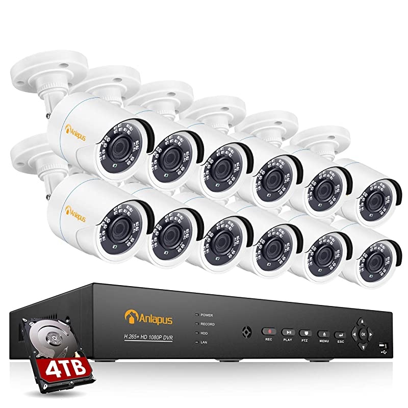 H.265+ 16 Channel 4-in-1 1080p Video Surveillance DVR System with Hard Drive 4TB, 12pcs Wired Outdoor 2MP CCTV Security Camera for Home and Business 24/7 Recording