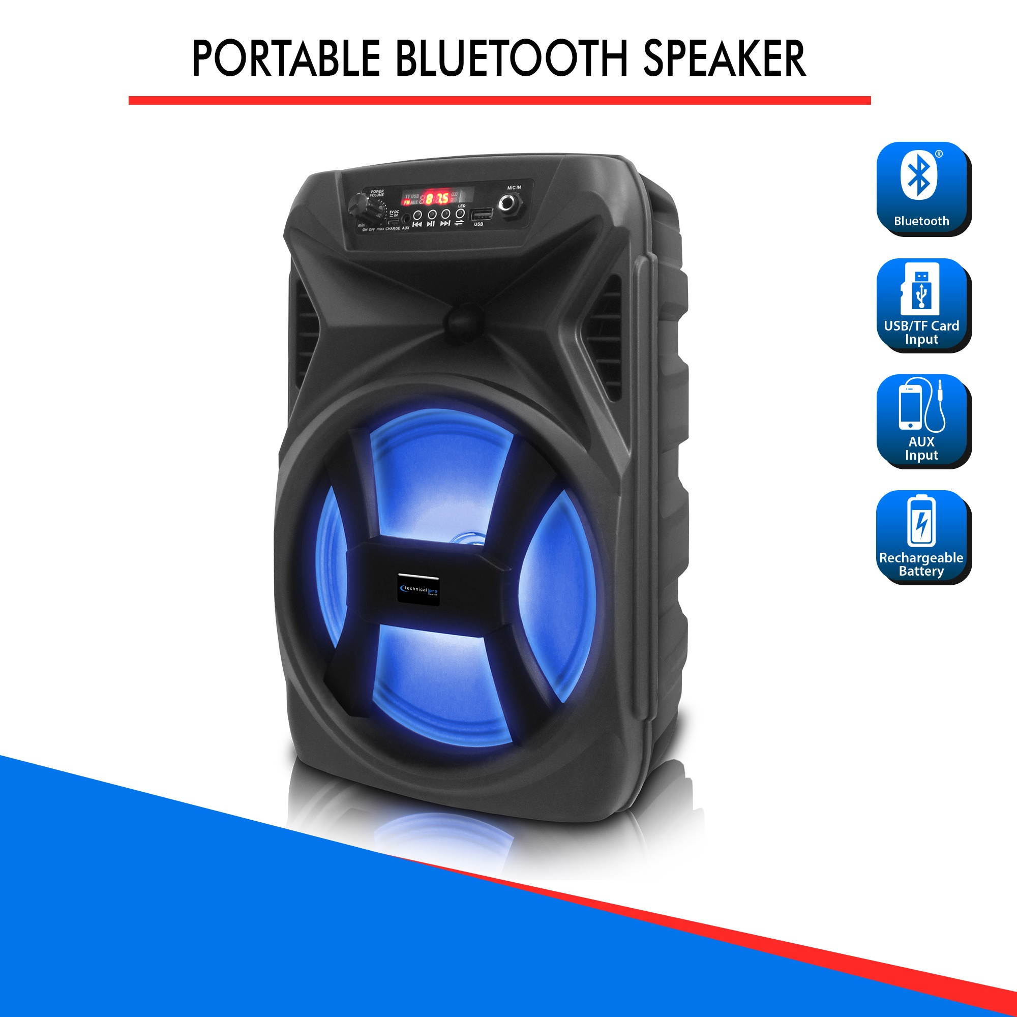 Technical Pro 8 Inch 500 Watts Portable Bluetooth Speaker with Woofer & Tweeter, Festival PA LED Speaker with Bluetooth/USB Card Inputs, True Wireless Stereo, 30 Feet Bluetooth Range
