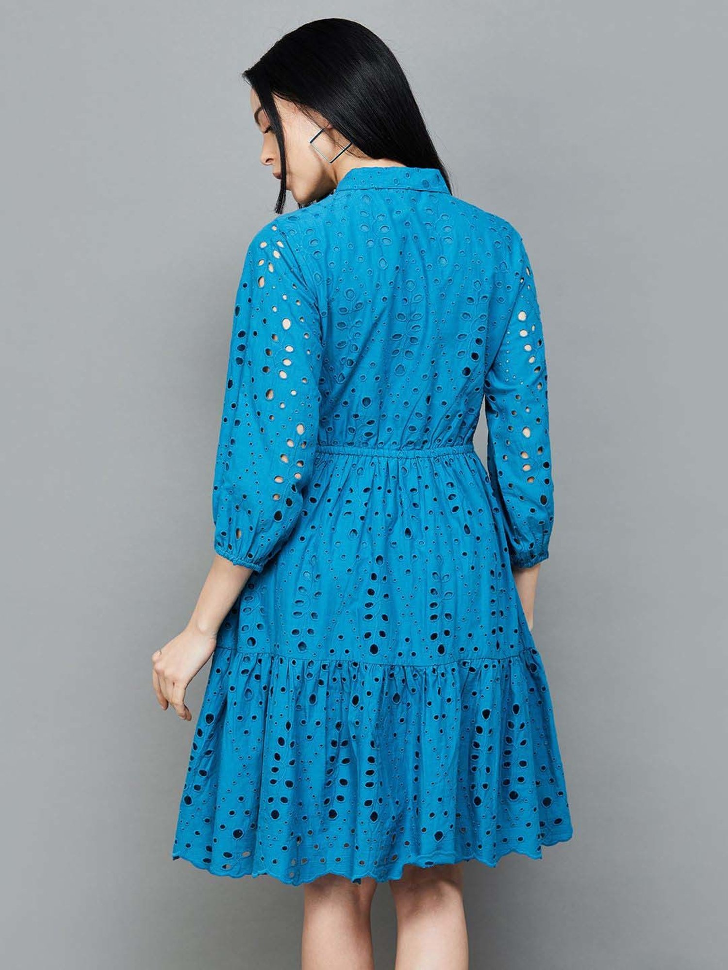 Colour Me by Melange Blue Cotton Self Pattern Shirt Dress
