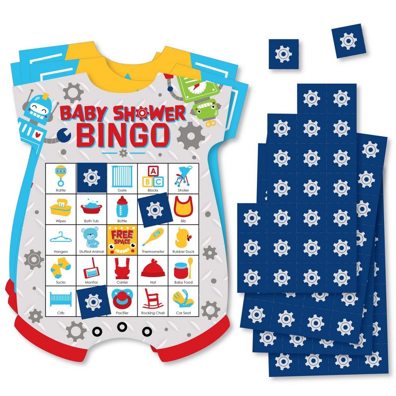Big Dot of Happiness Gear Up Robots - Picture Bingo Cards and Markers - Baby Shower Shaped Bingo Game - Set of 18