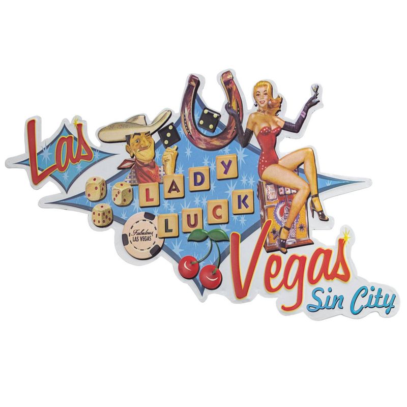 Las Vegas Lady Luck Embossed Metal Sign Sky Blue/Red - Crystal Art Gallery