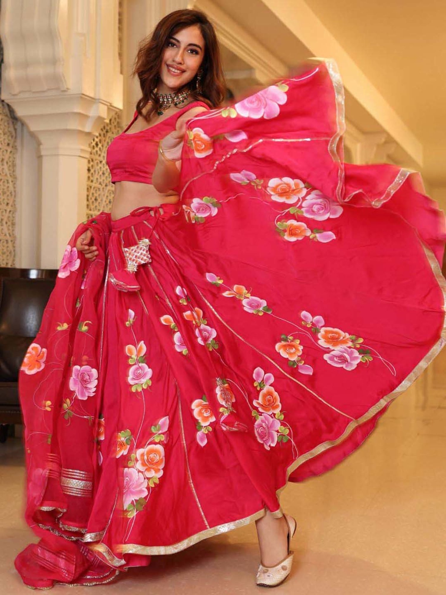 AACHHO Pink Floral Print Lehenga Choli Set With Dupatta