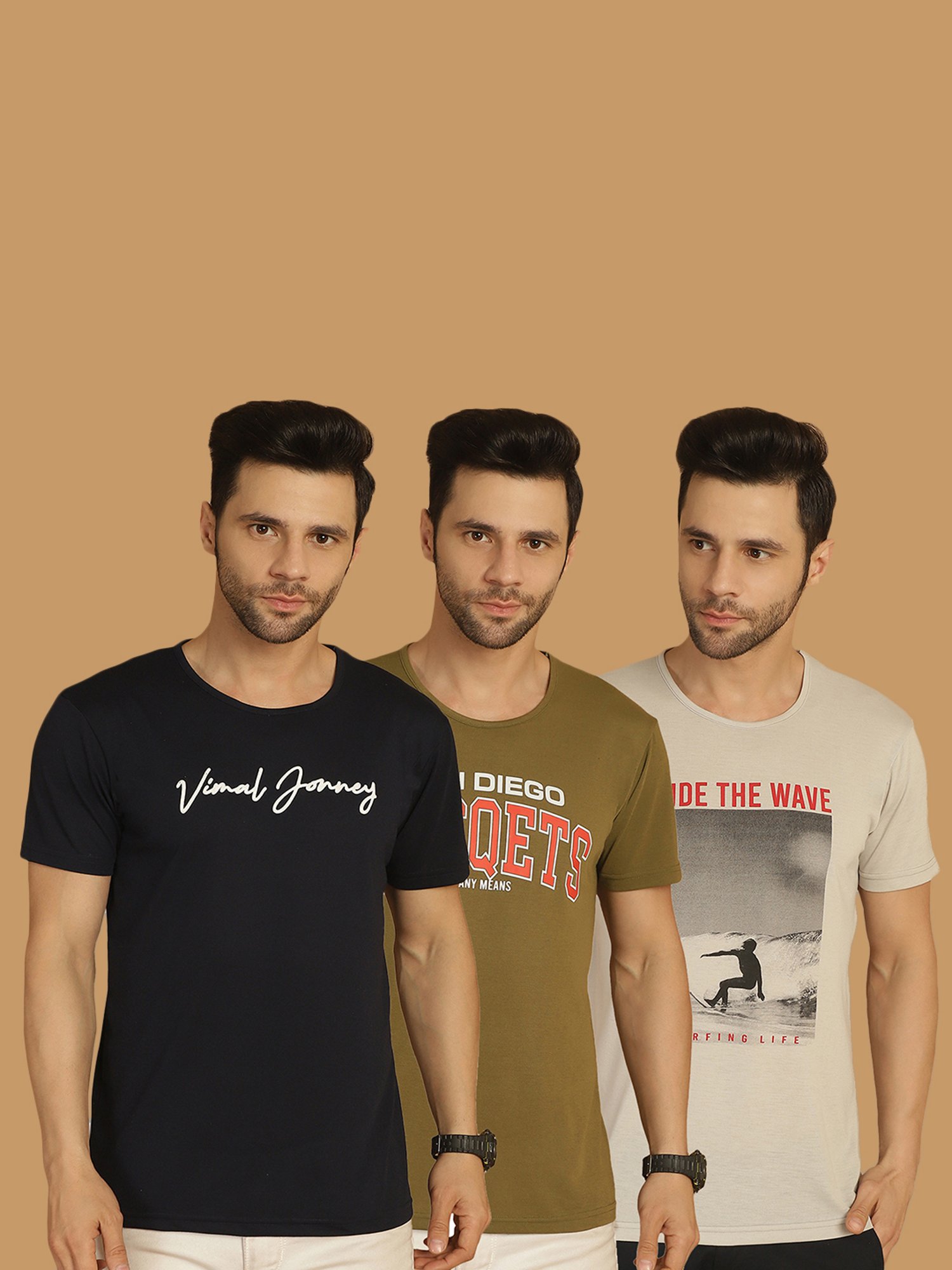 Vimal Jonney Multicolor Regular Fit Printed Crew T-Shirt - Pack of 3
