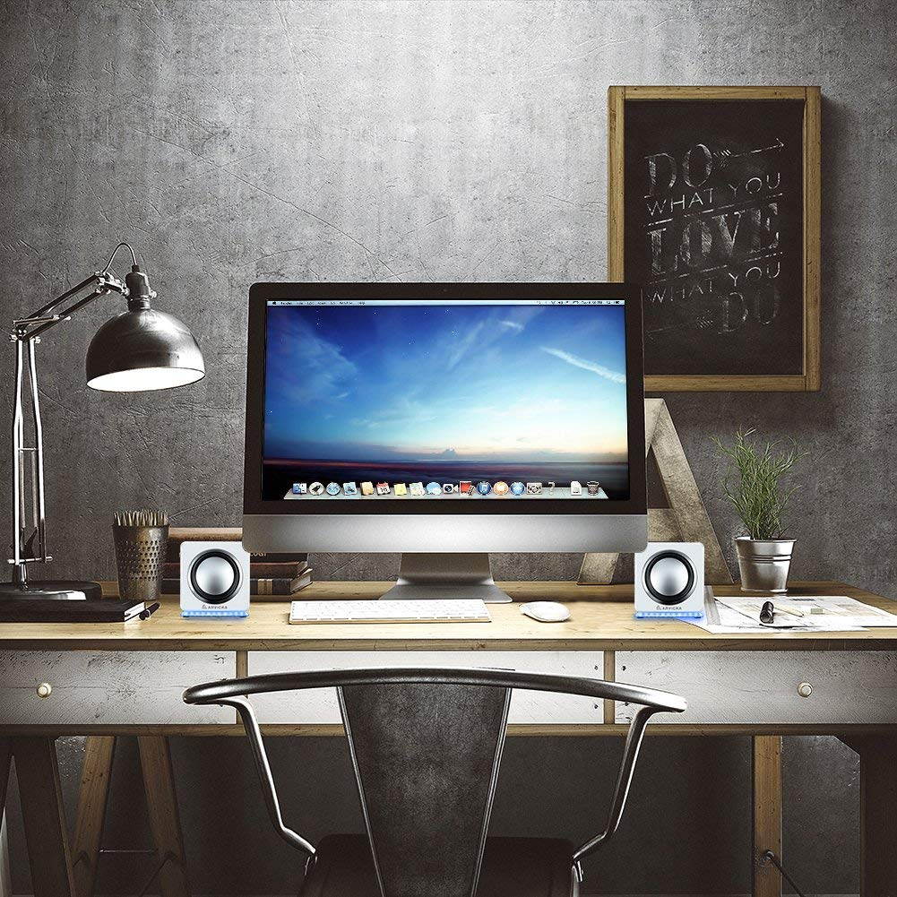 ARVICKA Blue LED USB Speakers- Wired Laptop Speakers 2.0 Channel Small Computer Desktop Speakers for PC, Echo Dot, Updated Version, White
