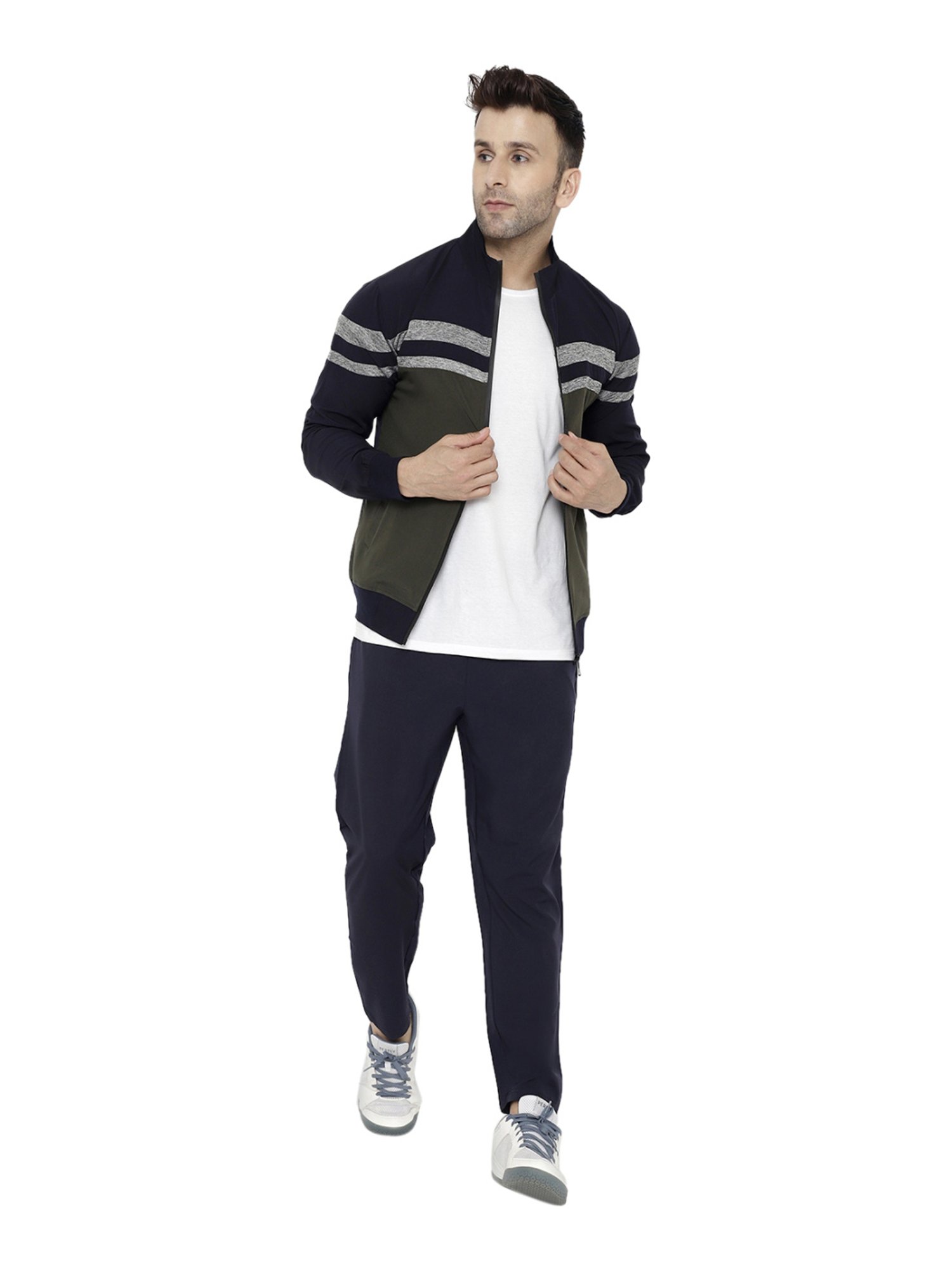 Chkokko Navy & Olive Regular Fit Colour Block Sports Jacket