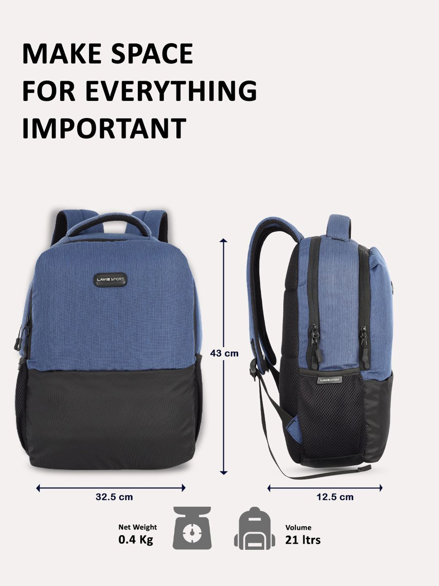 Lavie Sport Apex 21L Laptop Backpack For Men & Women (Navy)