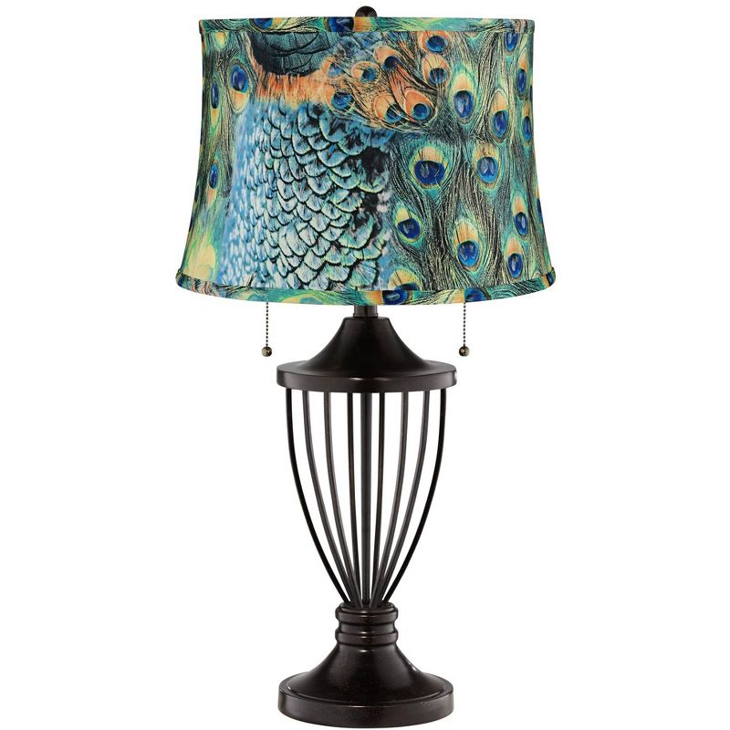 Barnes and Ivy Table Lamp Open Urn Bronze Iron Peacock Print Drum Shade Living Room Bedroom Bedside Nightstand Office Family