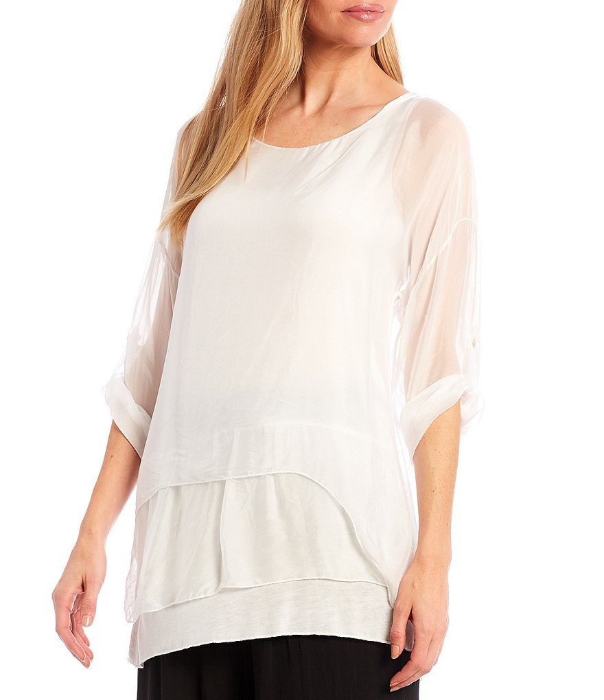 M Made in Italy Elbow Sleeve Silk Blend Layered Scoop Neck Top