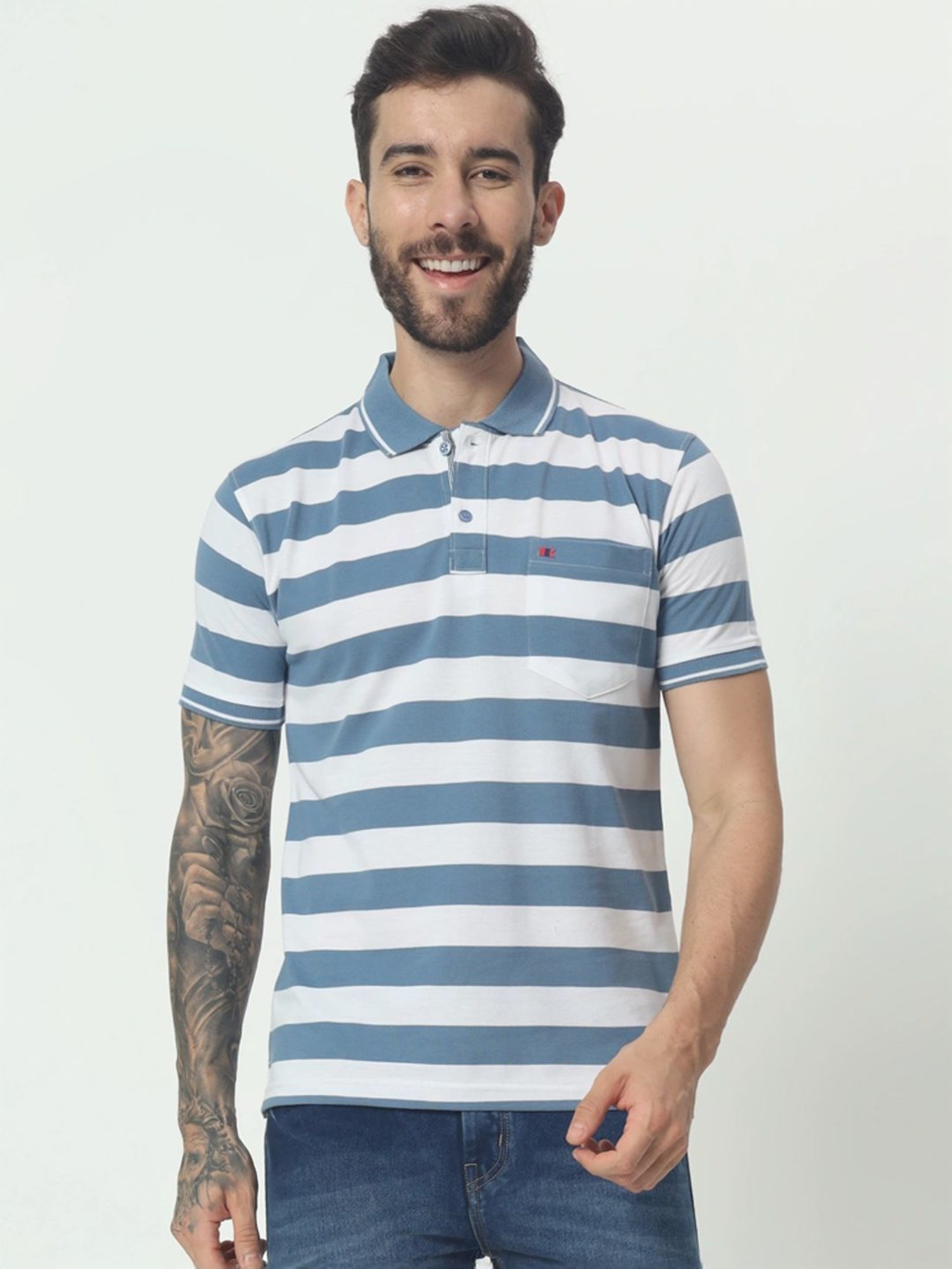 Tab91 Blue Regular Fit Striped Polo T-Shirts