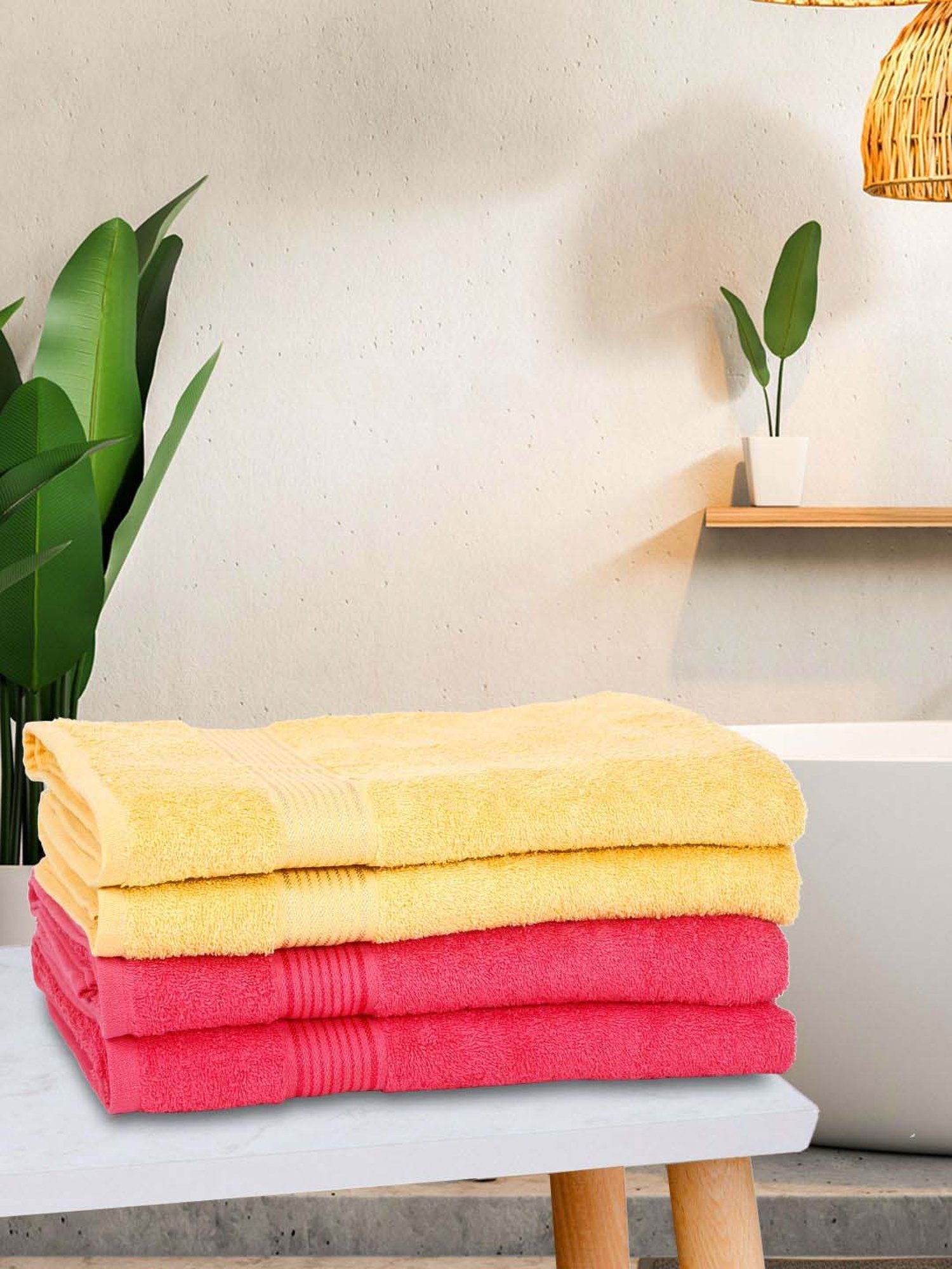 LORENA 100% Cotton Super-Soft Terry Towels -4pc Bath Towel (d`ross) solid-yellow/pink