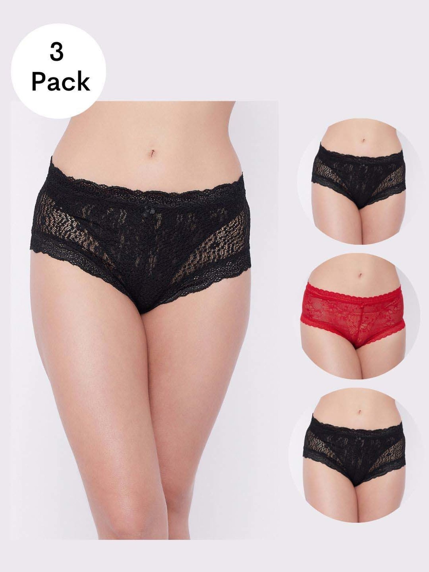 Secrets By ZeroKaata Black & Red Lace Work Hipster Panty - Pack Of 3