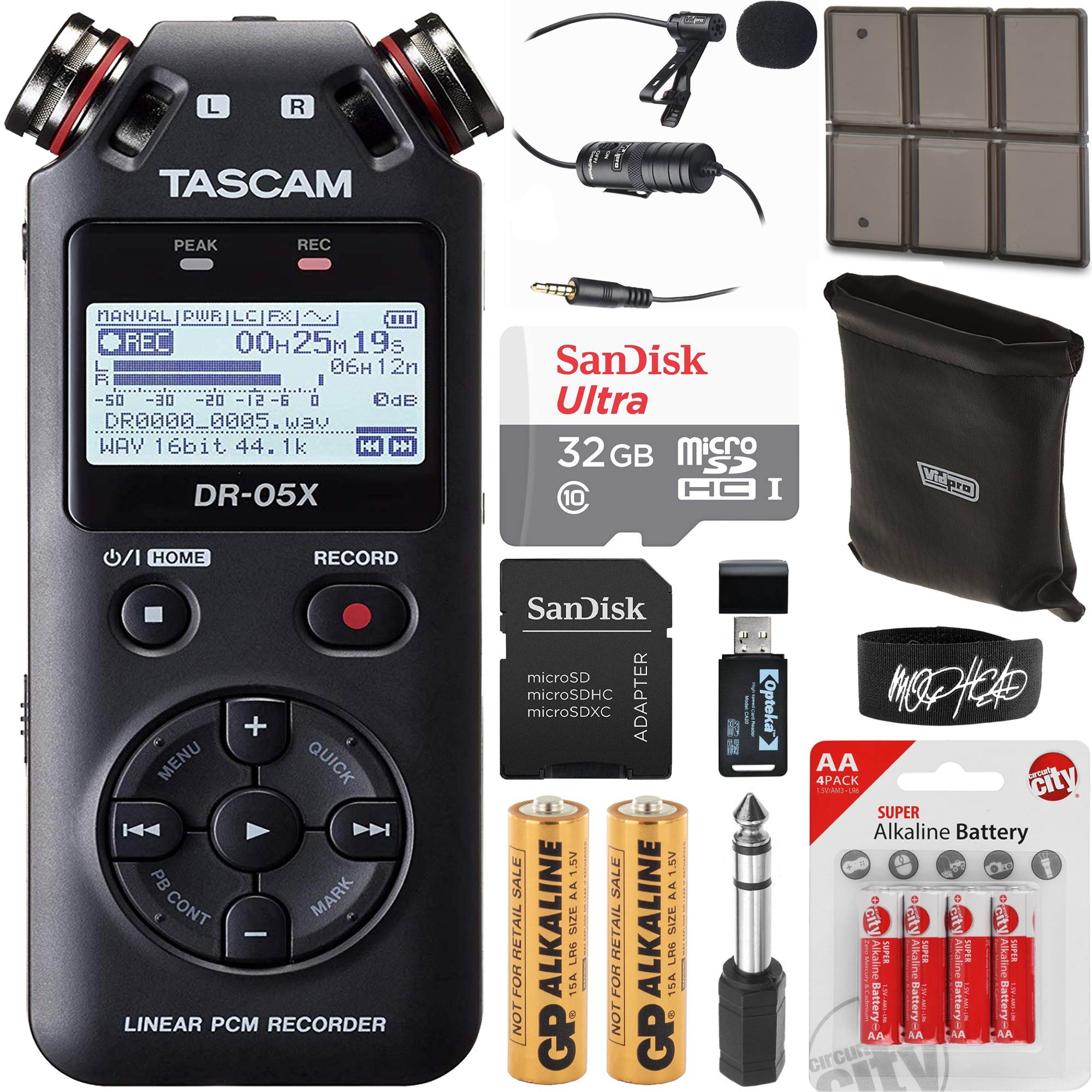 Tascam DR-05X Stereo Handheld Digital Audio Recorder USB Audio Interface Bundle with 32GB Memory Card, Lapel Microphone, AA Batteries, Cable Tie, Card Reader