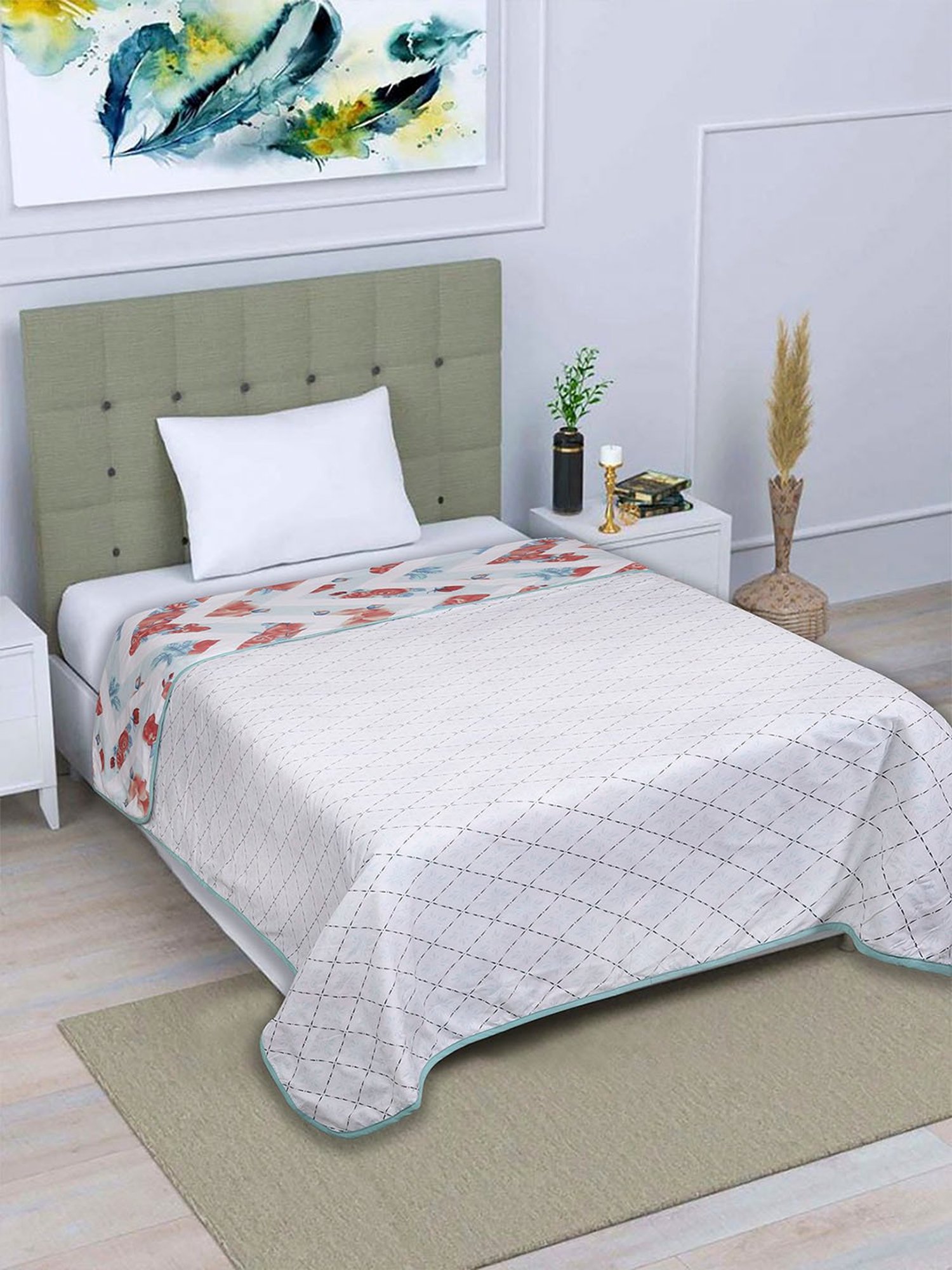 Romee Beige Cotton Geometric Blankets Quilts and Dohars