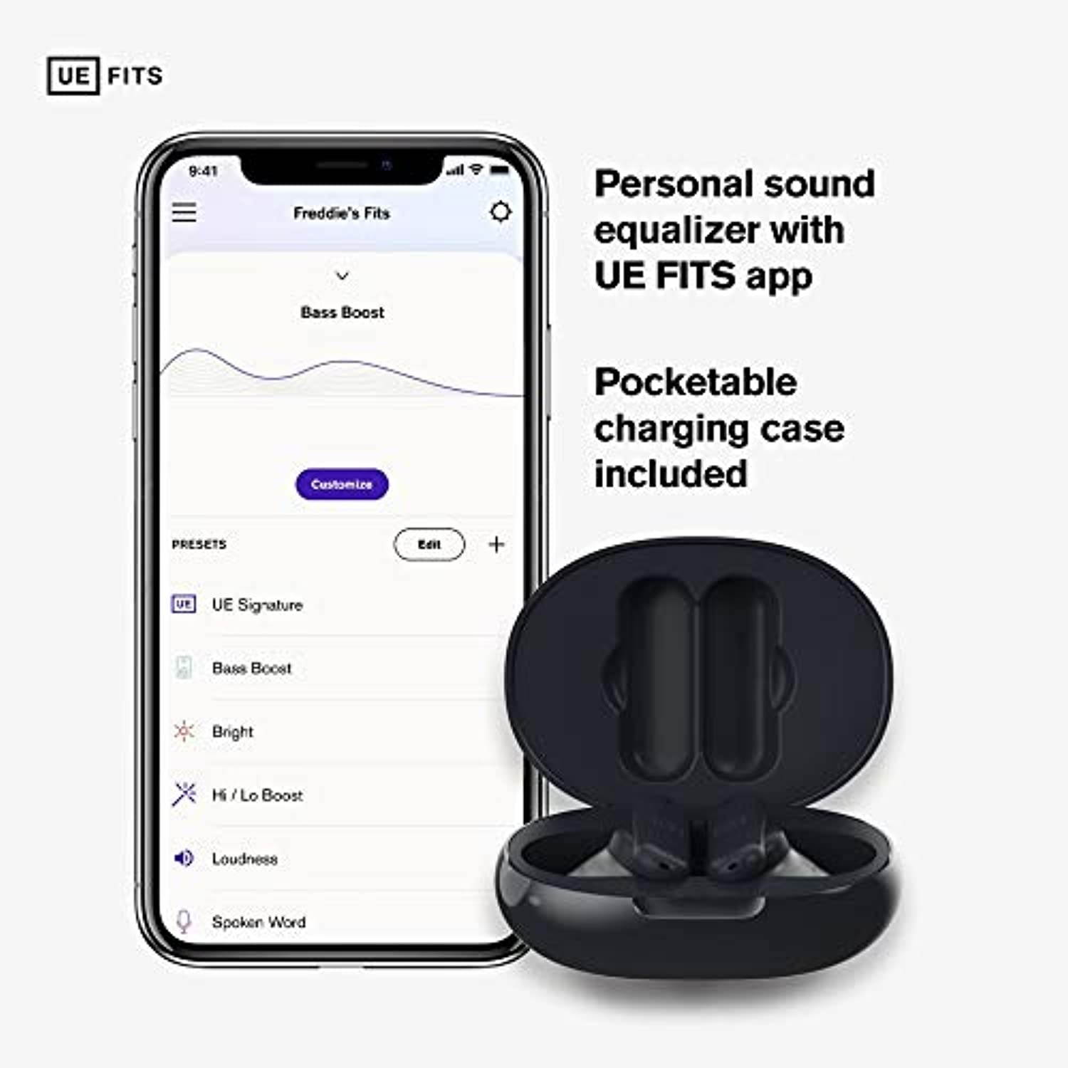 Ultimate Ears FITS True Wireless Bluetooth Custom Fit Earbuds, Premium Audio Quality, Passive Noise Cancelling Earphones, Rechargeable Headphones with 20 Hour Playtime, Sweat Resistant (G (985-001057)
