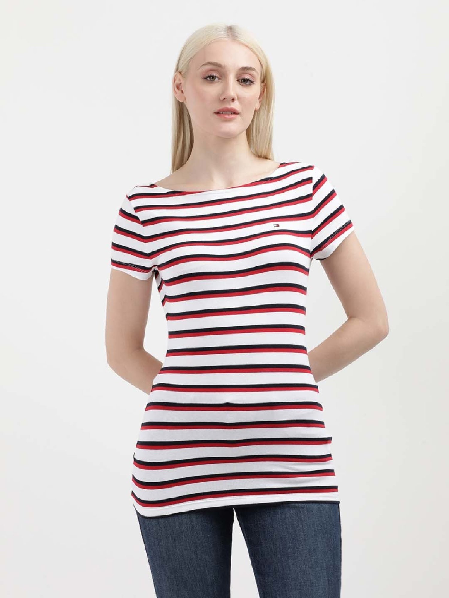 TOMMY HILFIGER White & Red Cotton Striped Top